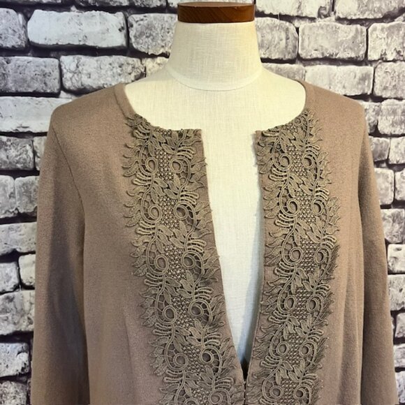 Chico's Taupe Long Sleeve Decorative Lace Front Jacket Size L - Picture 2 of 9